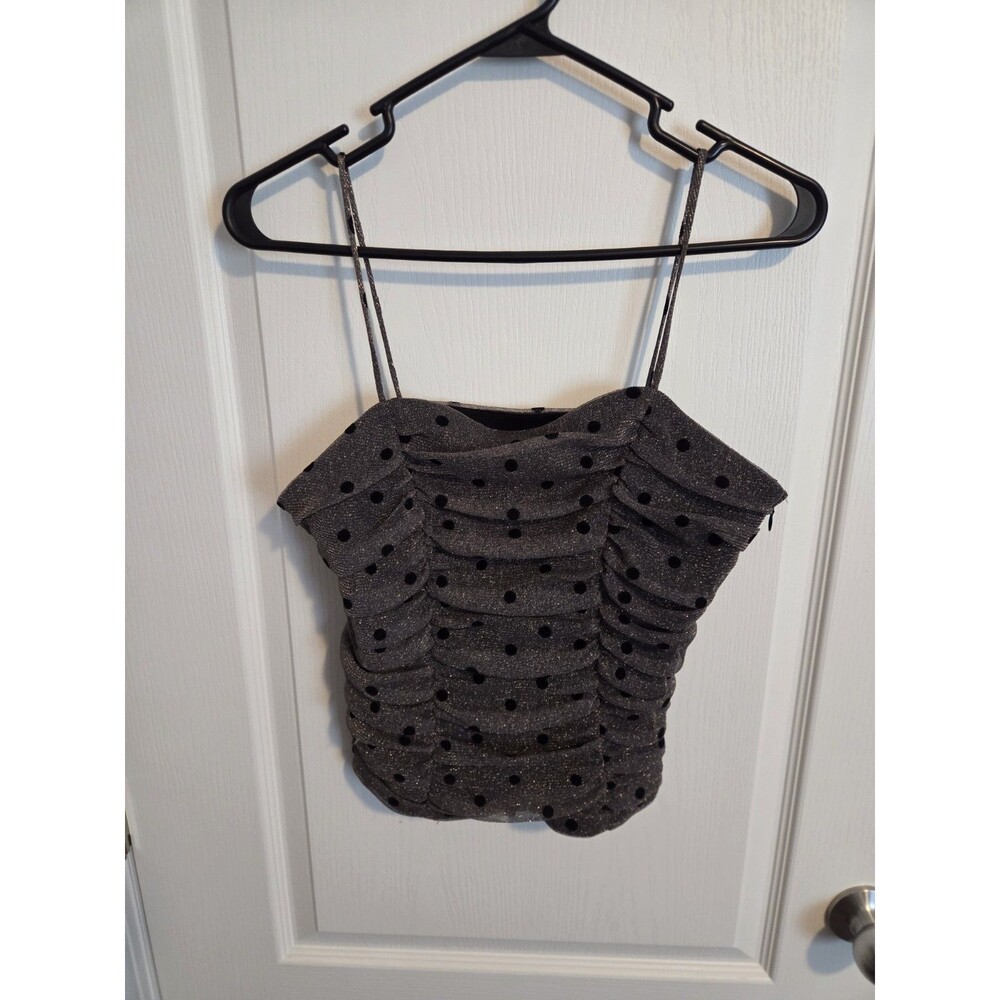 Joseph Ribkoff Gray Black Polka Dot Mesh Ruched 2-Piece Set Top Sheer Overlay 10